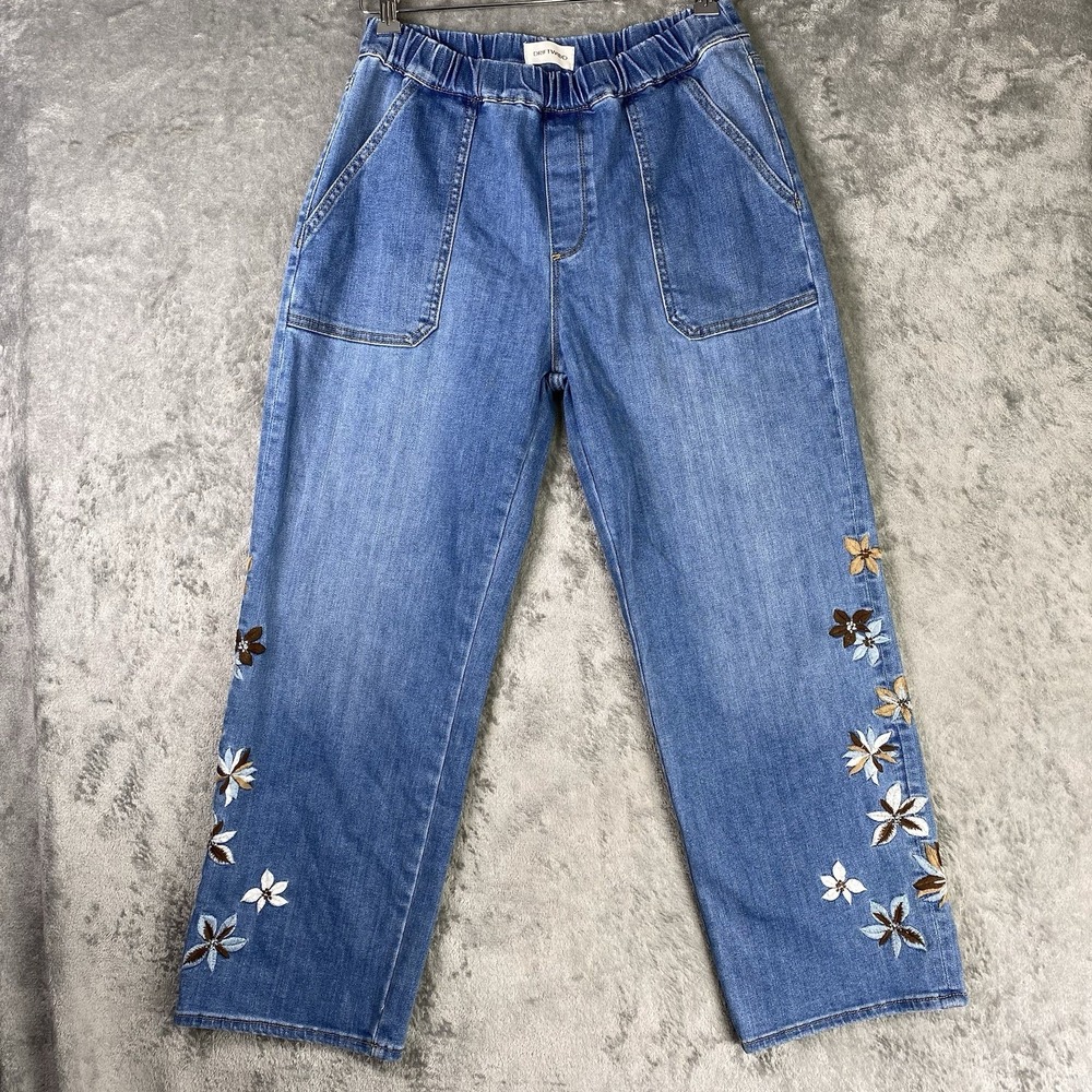Driftwood Jeans Womens Sz M Blue Ruby Pull-On Relaxed Embroidered Floral Cropped